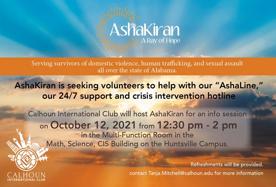 Information about the AshaKiran presentation at the Calhoun International Club on Oct.12 from 12:30-2:00 in the multifunction room on the Huntsville campus in the Math, Science and CIS building.